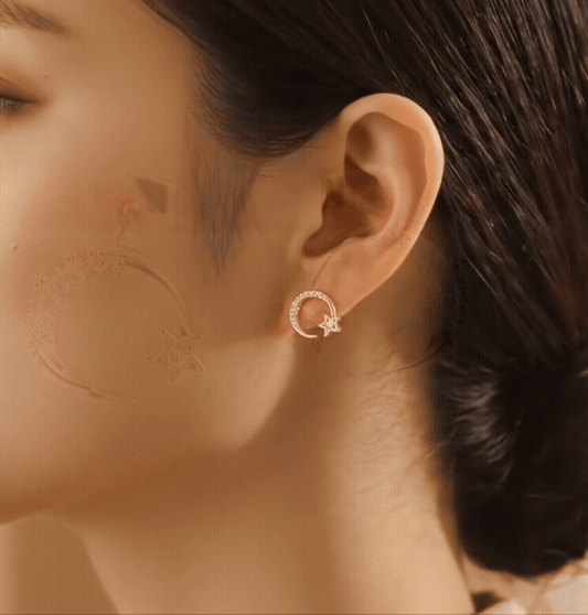Celestial Crescent Moon & Star Pavé Stud Earrings | Silver, Gold & Rose Gold