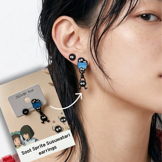 Soot Sprite Mismatched Drop Earrings | Ghibli Kitsch | Silver Post