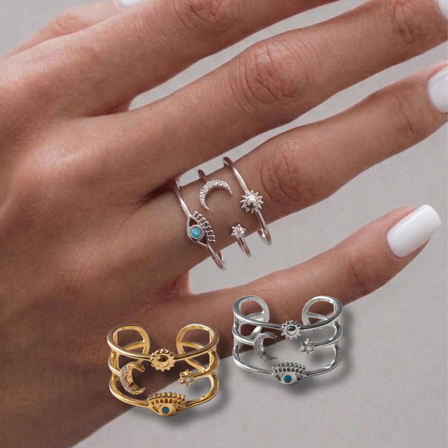 Bold Celestial Evil Eye Sun Moon Star Layered Brass Ring – Made in Korea