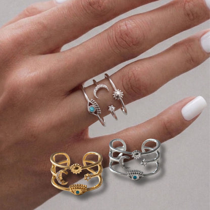 Bold Celestial Evil Eye Sun Moon Star Layered Brass Ring – Made in Korea