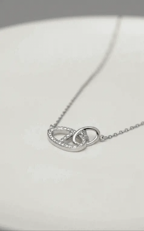 925 Sterling Silver Pavé CZ Interlocking Double Ring Necklace