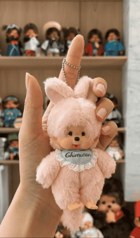K-fashion kidcore aesthetic Chimutan plush keychain pink brown duo, Monchhichi-coded bag charm for bbackpack and luxury bag styling — 8ttitto8