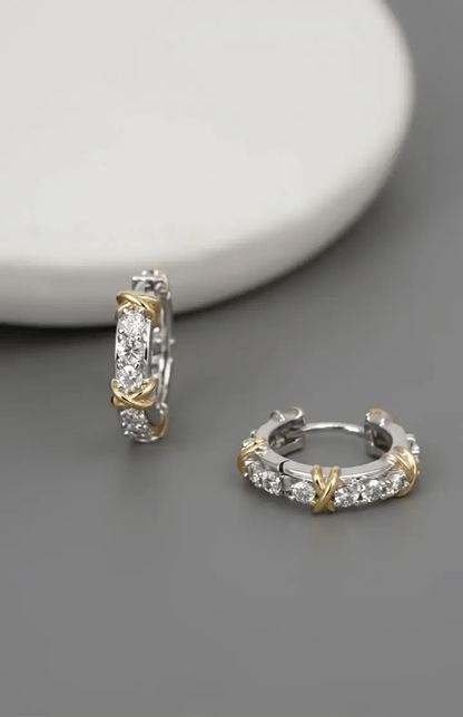Two-Tone CZ Criss-Cross Huggie Hoop Earrings – 925 Sterling Silver, Gold X Detail
