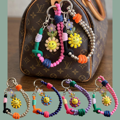 Handmade Smile Flower Beaded Strap Bag Charm Keychain – 4 Colors