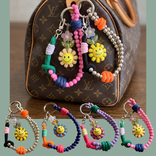 Handmade Smile Flower Beaded Strap Bag Charm Keychain – 4 Colors