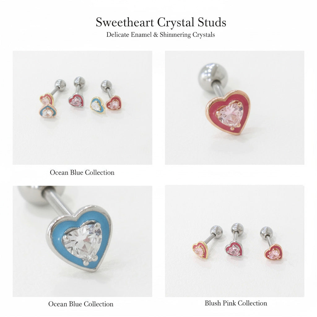 Sweetheart Crystal Barbell Stud Earrings – Ocean Blue & Blush Pink