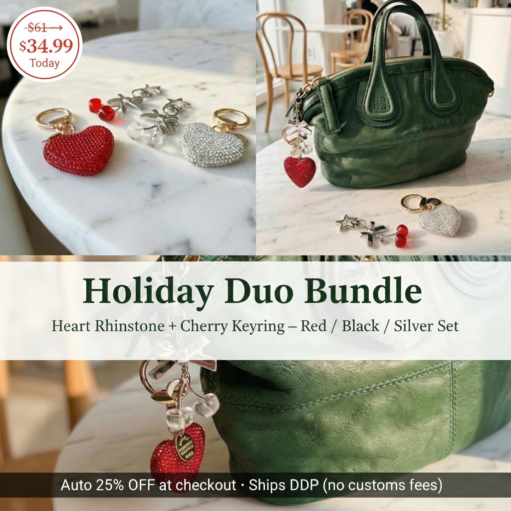 Heart rhinestone and cherry keyring set with green handbag on marble surface, promotional text overlay.
