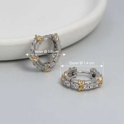 Two-Tone CZ Criss-Cross Huggie Hoop Earrings – 925 Sterling Silver, Gold X Detail