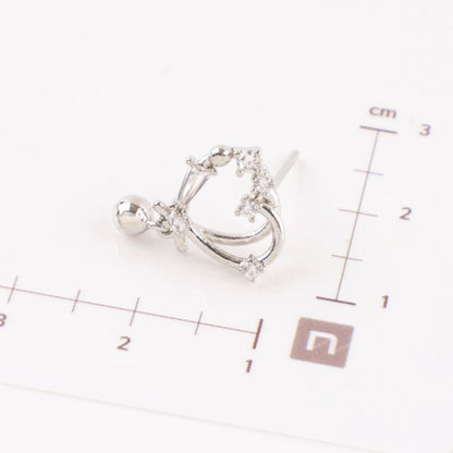 Silver heart earring next to ruler showing size scale, CZ crystal heart design with drop charm measuring approximately 2cm, lightweight dainty earrings, 925 sterling silver posts Korean made