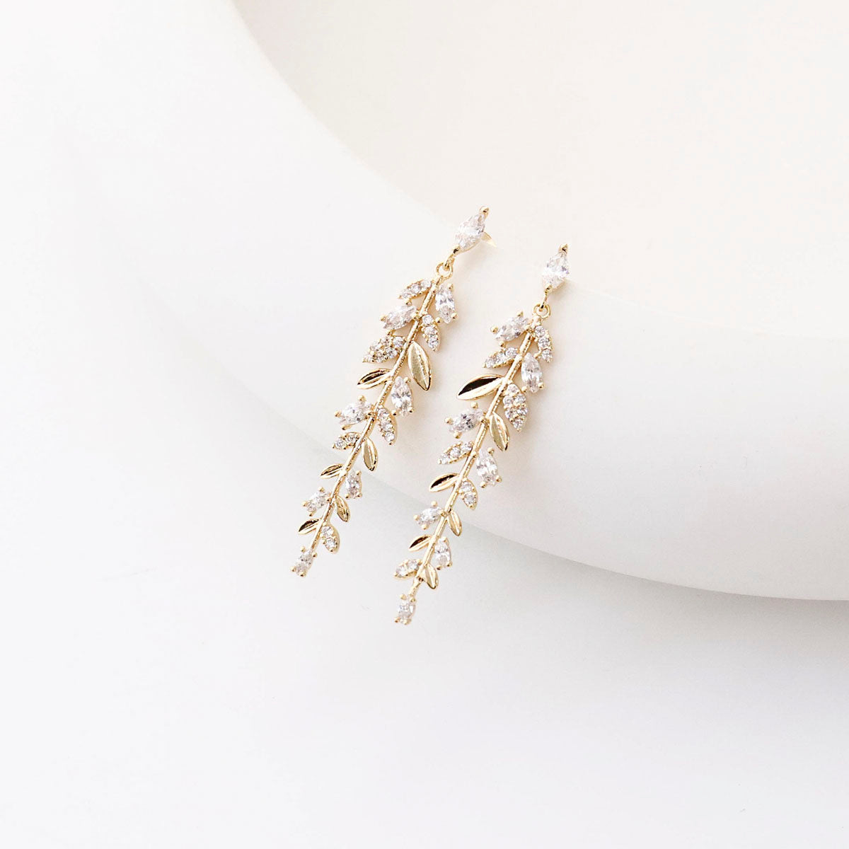 Olive Leaf CZ Drop Earrings - Wedding Jewelry with Silver Post
