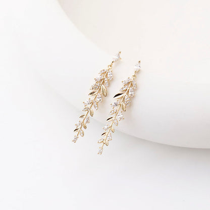 Olive Leaf CZ Drop Earrings - Wedding Jewelry with Silver Post