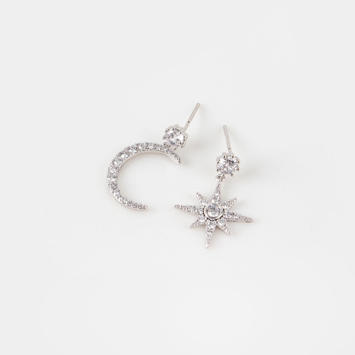 Celestial Moon and North Star Asymmetric Drop Earrings - 925 Silver Posts