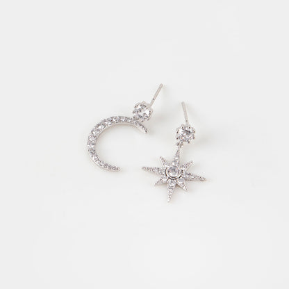 Celestial Moon and North Star Asymmetric Drop Earrings - 925 Silver Posts