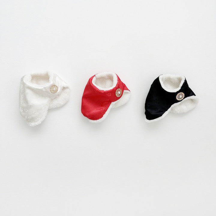 Three Korean baby jobawi bonnets in white, red, and black with faux fur lining and pearl brooches, laid flat on a white background.