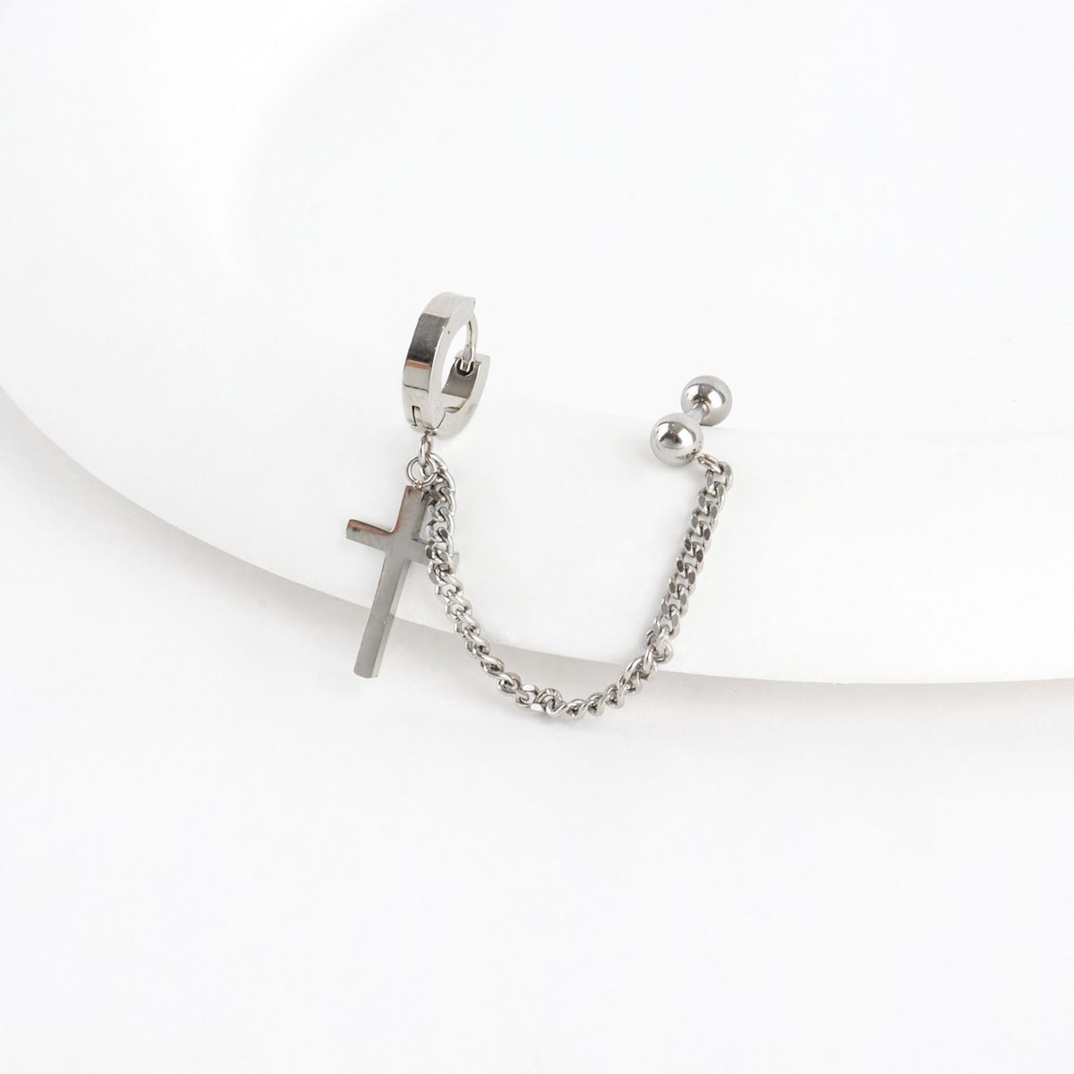 Cross Chain Barbell Earring, Silver Unisex Punk Style