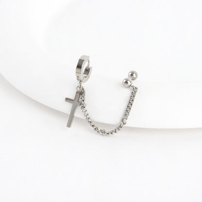 Cross Chain Barbell Earring, Silver Unisex Punk Style