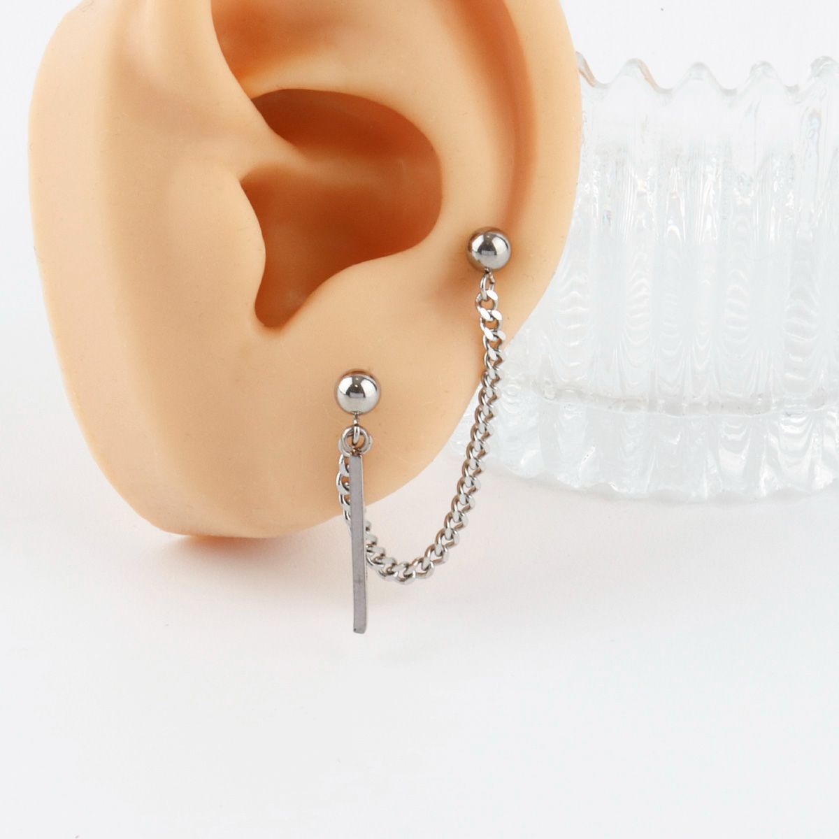 Surgical Steel Double Barbell Chain Connected Earring with Stick Drop