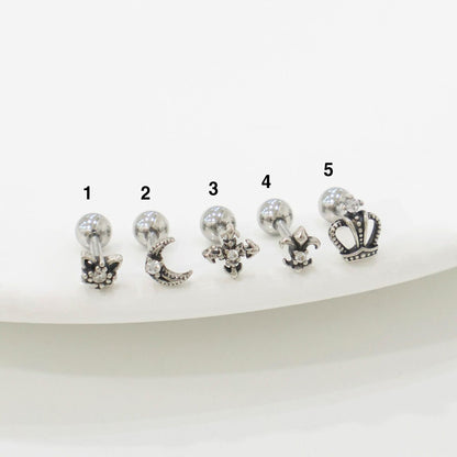 Gothic Stud Earrings,Star, Moon, Cross, Fleur de Lis, Crown Surgical Steel barbell stud