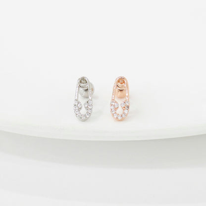 Safety pin barbell earrings in silver and rose gold