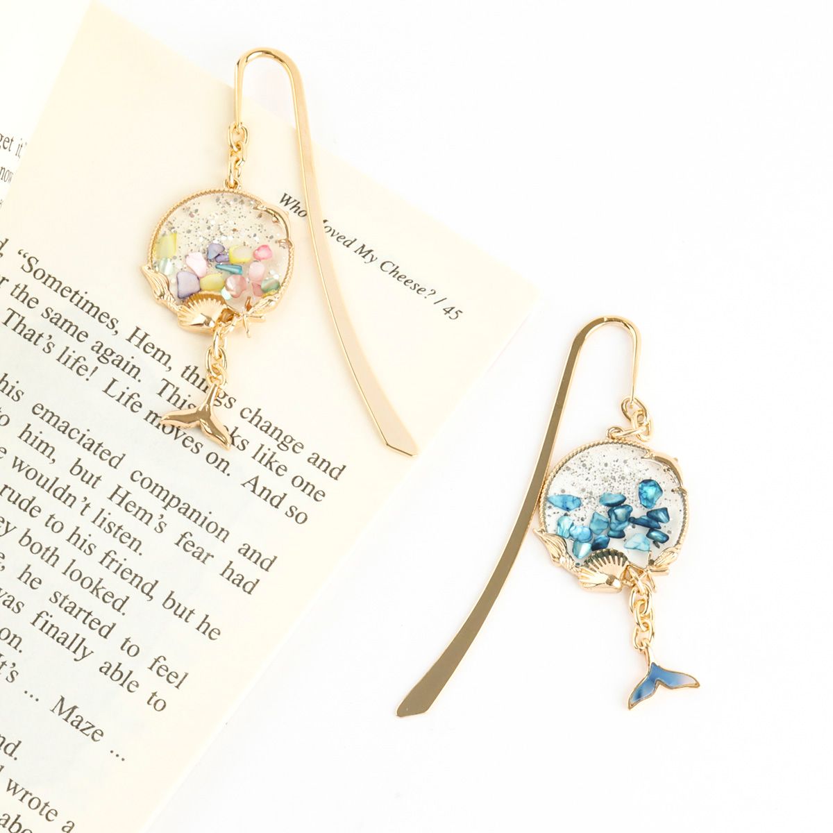 Lucky Whale Tail Metal Bookmark with Handmade Resin Shell Charm - Gold Shepherd Hook Page Marker in 4 Colors