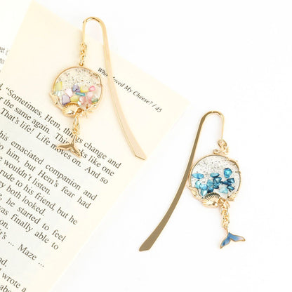 Lucky Whale Tail Metal Bookmark with Handmade Resin Shell Charm - Gold Shepherd Hook Page Marker in 4 Colors