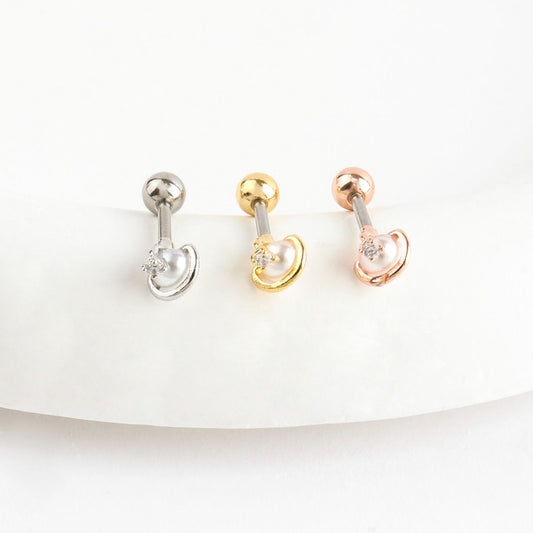 Faux Pearl Cubic Planet Piercing,Surgical Steel Inner Conch Helix Jewelry, Modern Layered Ear Curation Minimal,Saturn Planet piercing