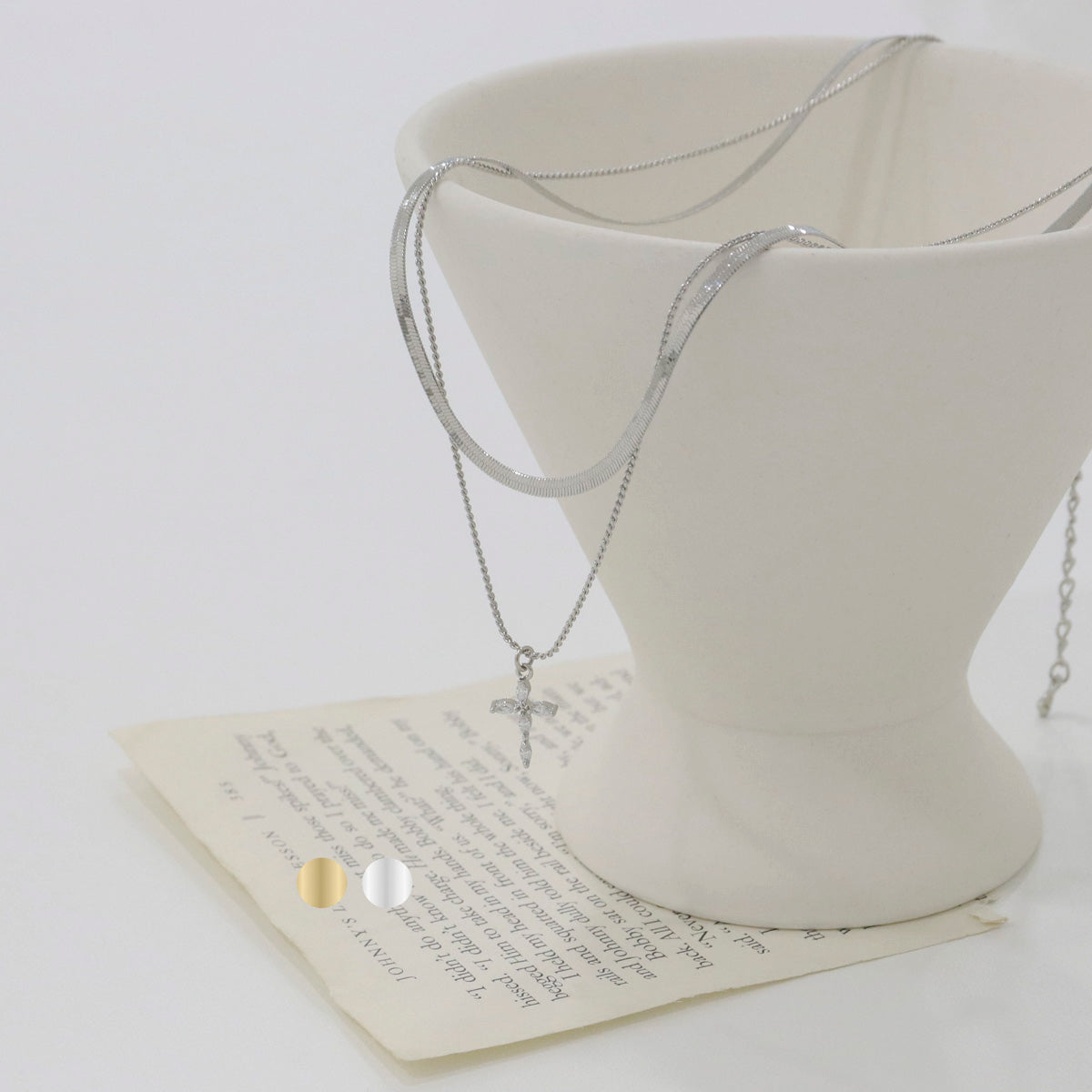 Layered Cross Pendant Necklace, Snake Chain & Box Chain Layered Necklace