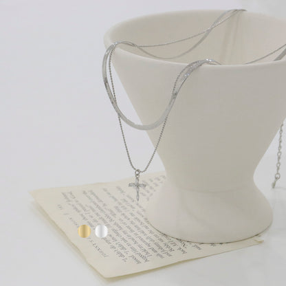 Layered Cross Pendant Necklace, Snake Chain & Box Chain Layered Necklace