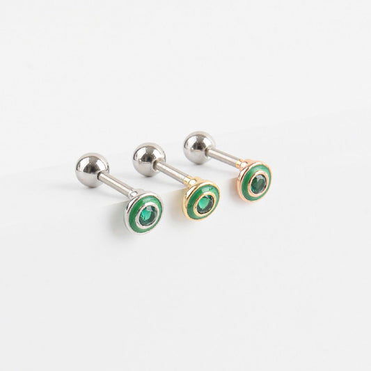 Three green epoxy barbell ball earrings in silver, gold, and rose gold