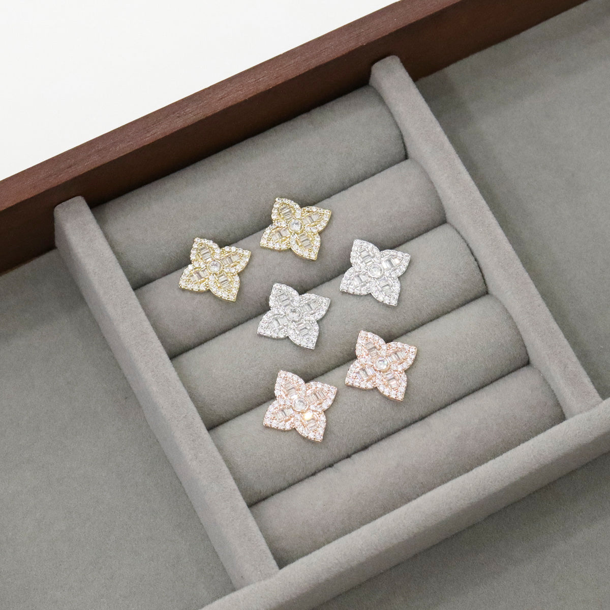 Luxe Floral Baguette Cut CZ Stud Earrings - 925 Silver Post 3 Colors