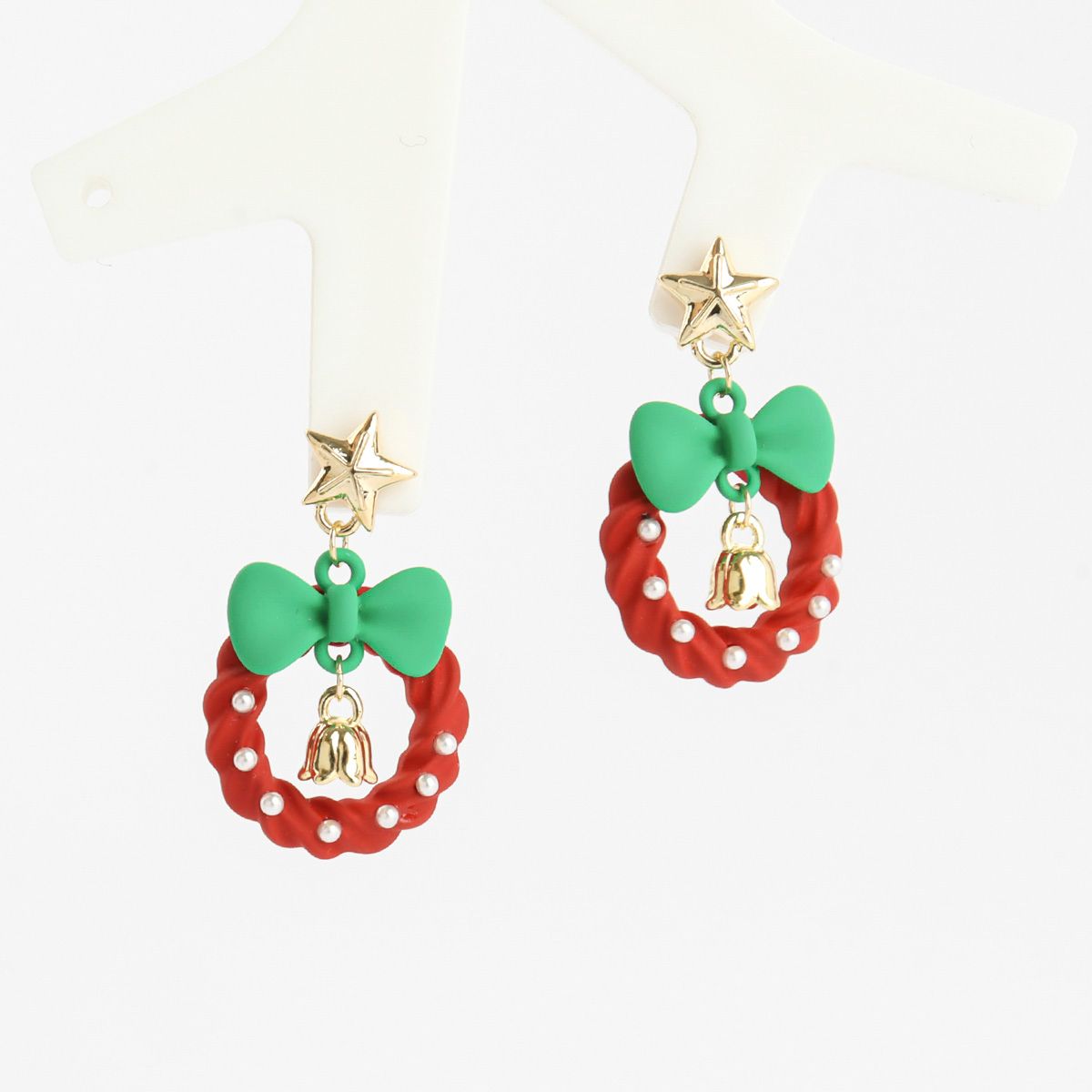 Christmas Wreath Earrings - Holiday Bell Drop Earrings with Bow
