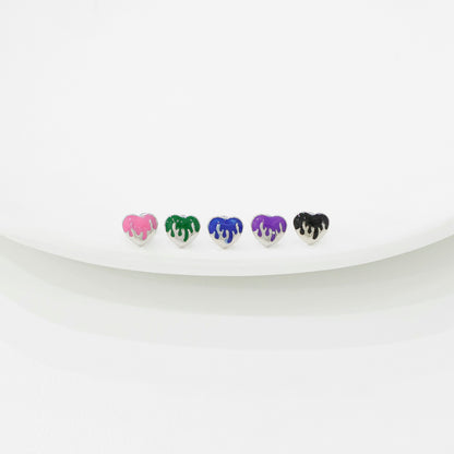 Melting heart stud earrings labeled 1-5 showing color selection from pink to black