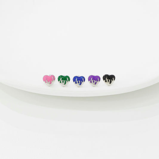 Melting heart stud earrings labeled 1-5 showing color selection from pink to black
