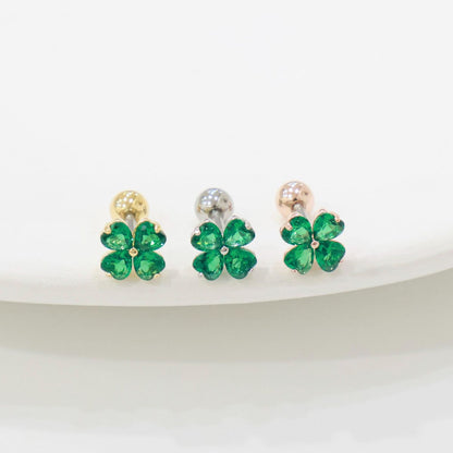 Clover Barbell Stud • Green or Clear CZ • Surgical Steel Piercing