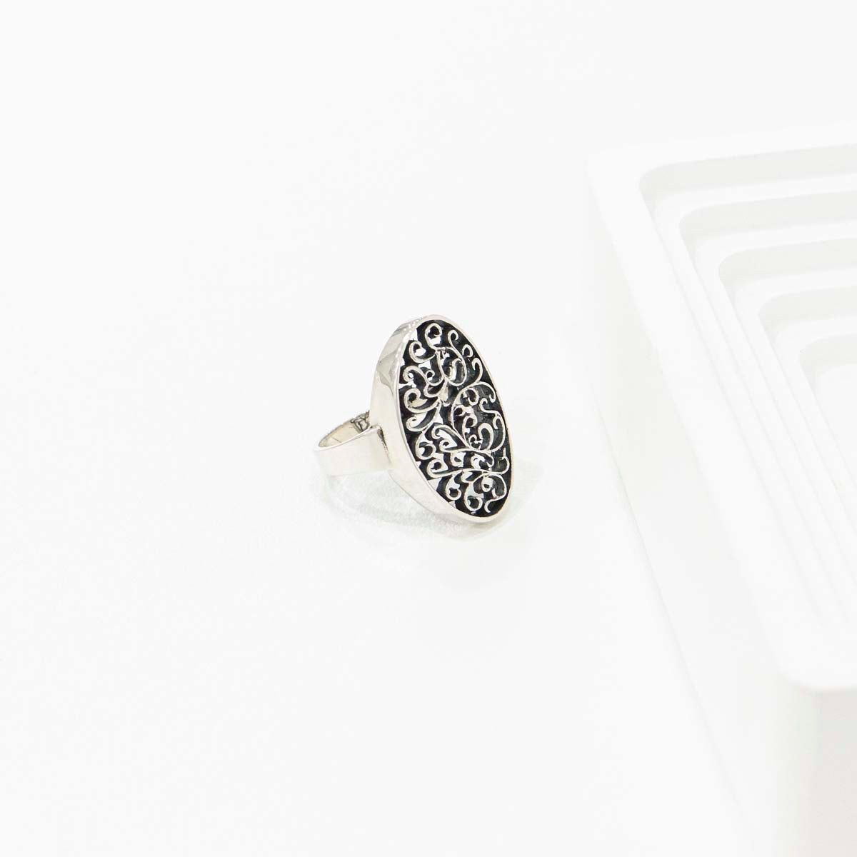 op view of handmade 925 silver filigree ring showing intricate openwork design