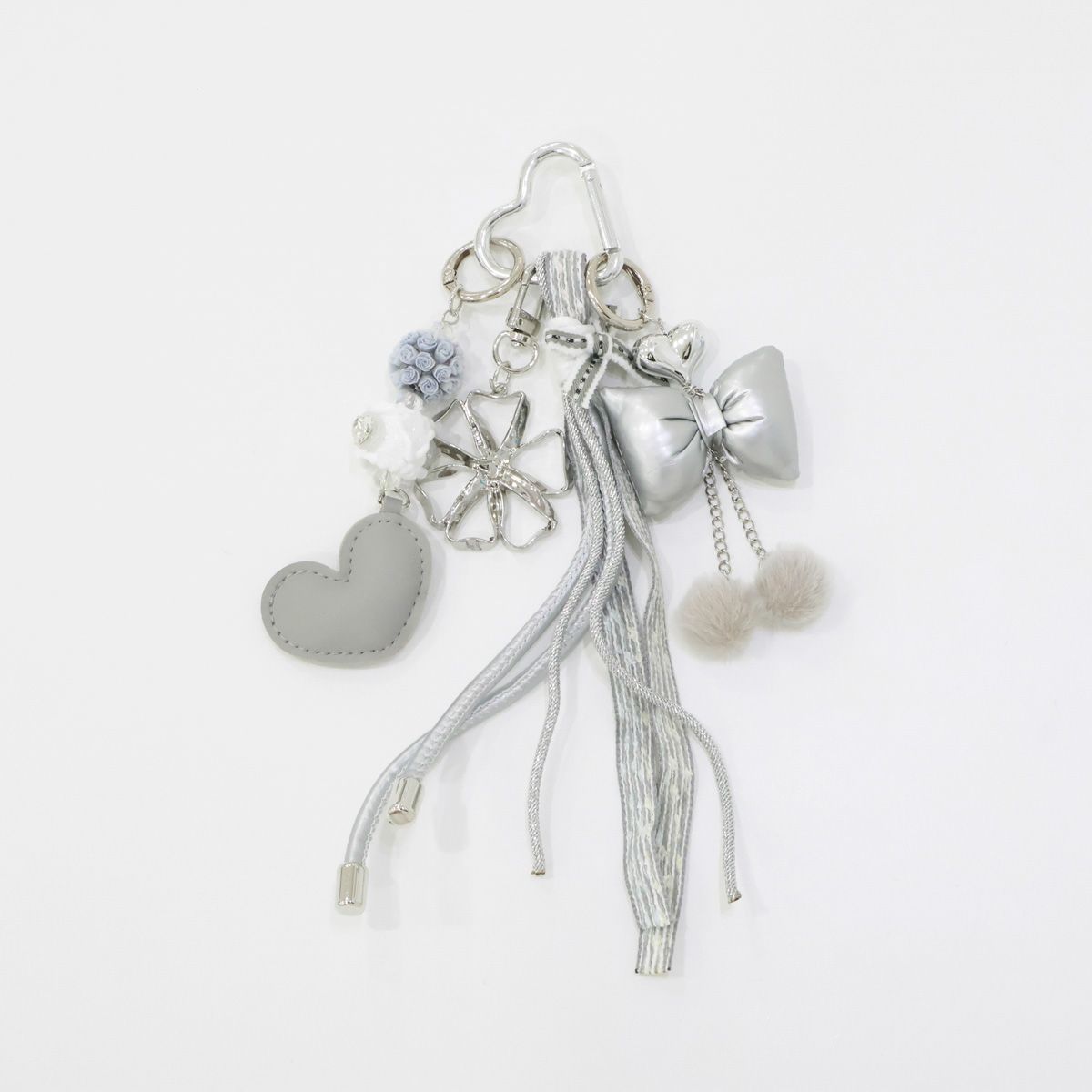 Silver Ribbon Heart Tassel Keyring - Floral Beads Bag Charm