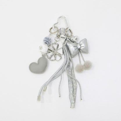 Silver Ribbon Heart Tassel Keyring - Floral Beads Bag Charm