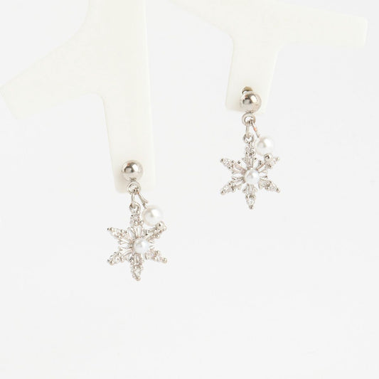 Snowflake Pearl Drop Earrings – Dainty Winter Sparkle
