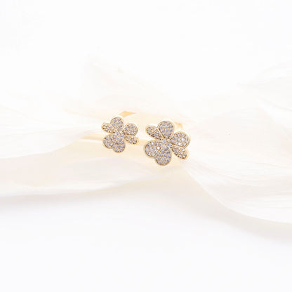 Lucky Clover Pavé Adjustable Ring — Sparkling Statement Cocktail Ring for Women, Gold Silver Rose Gold, Luxury Four-Leaf Clover Jewelry Gift