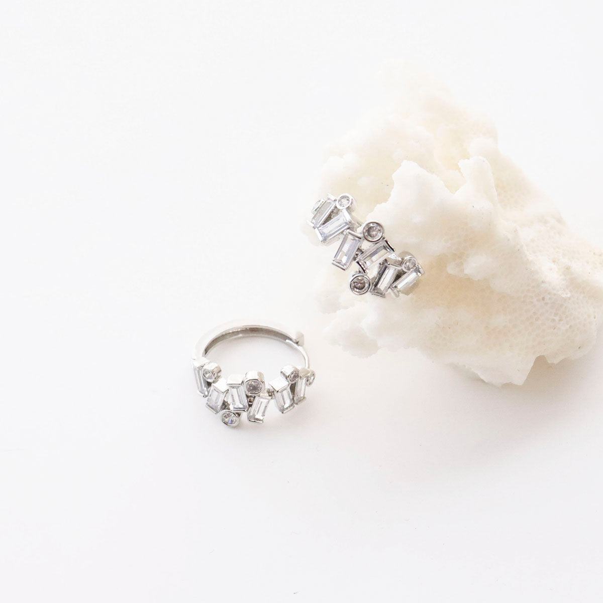 Geometric Bezel Setting Huggie Hoop Earrings - Brass Silver Post