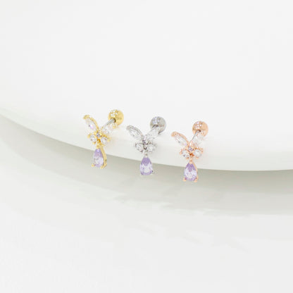 Butterfly Drop Barbell Earrings – Purple & Clear CZ | Cartilage Piercing | 8TTITTO8