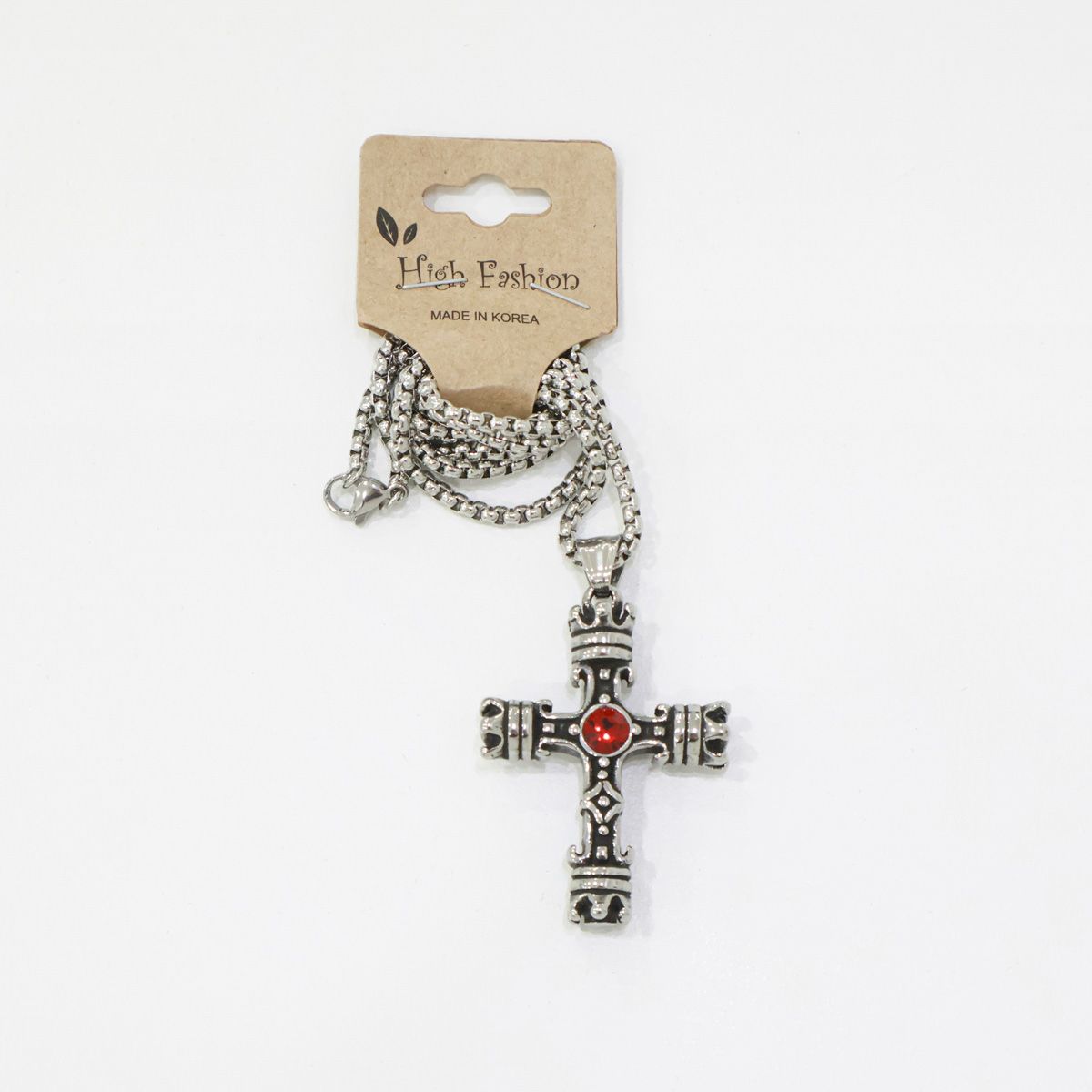 Gothic Cross Necklace with Red Gem - Vintage Stainless Steel Pendan