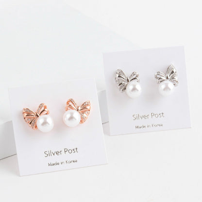 Rose gold and silver ribbon bow pearl earrings comparison on earring cards, Made in Korea