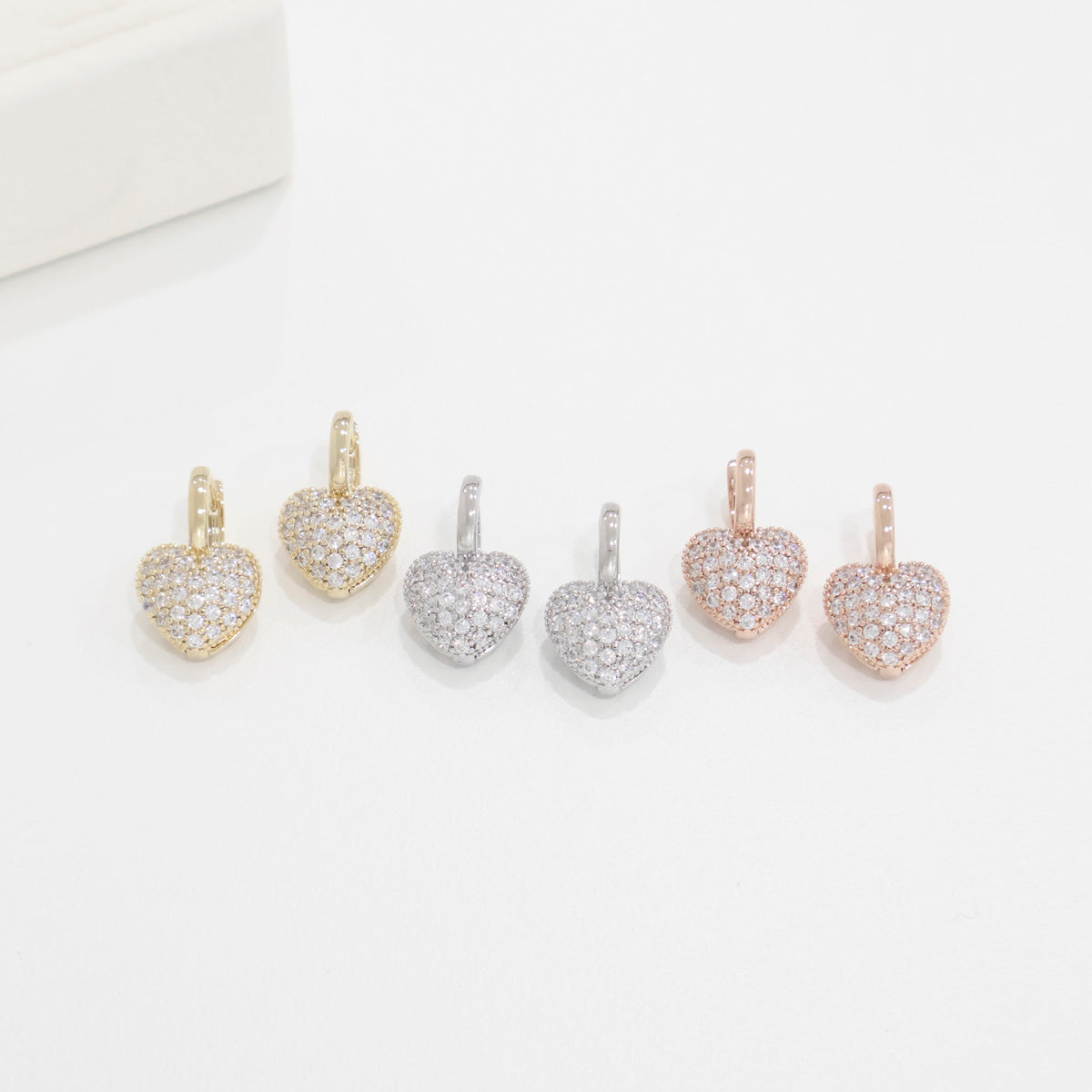 Pave Cubic Zirconia Puffy Heart Huggie Hoop Earrings Gold Silver Rose Gold