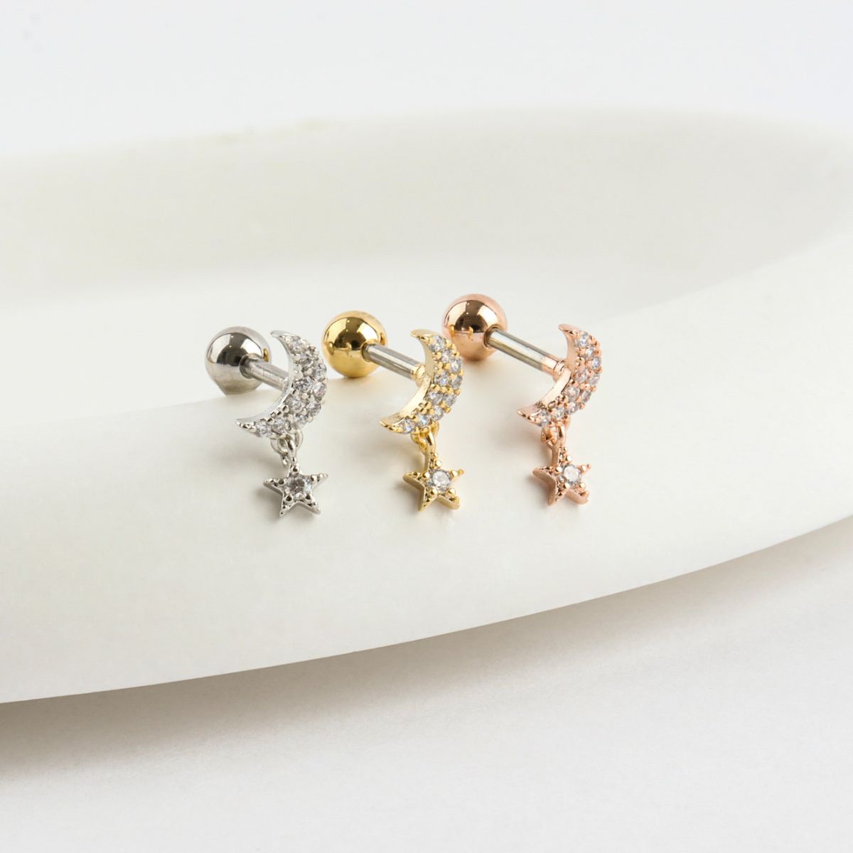 Rose gold moon & star CZ dangle barbell – 3 colors detail