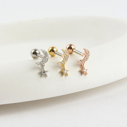 Rose gold moon & star CZ dangle barbell – 3 colors detail