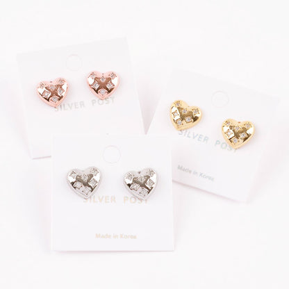Three pairs of luxury quilted heart earrings in gold silver rose gold colors with packaging