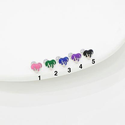 Melting heart stud earrings labeled 1-5 showing color selection from pink to black
