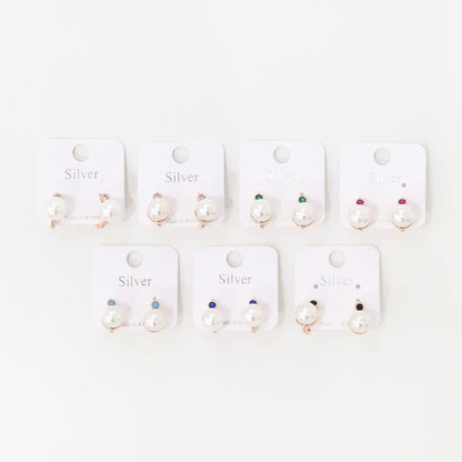 Pearl Drop Hook Earrings with Gem Accent – One-Touch Closure (Silver Post)