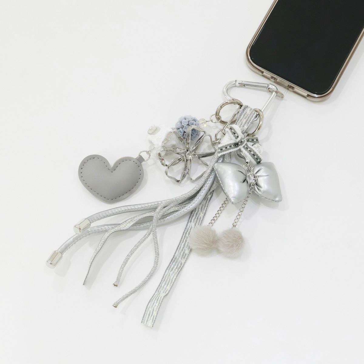 Silver Ribbon Heart Tassel Keyring - Floral Beads Bag Charm